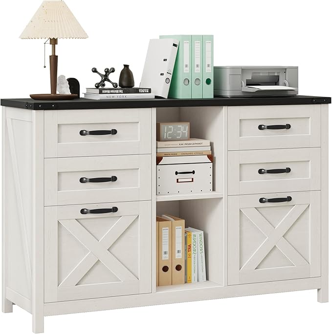 Lateral File Cabinet with 6 Drawers, Farmhouse Filing Cabinet for Letter/A4 Size, Wood File Storage Cabinets Printer Stand with Open Storage Adjustable Shelf for Home Office Cabinets, White and Black