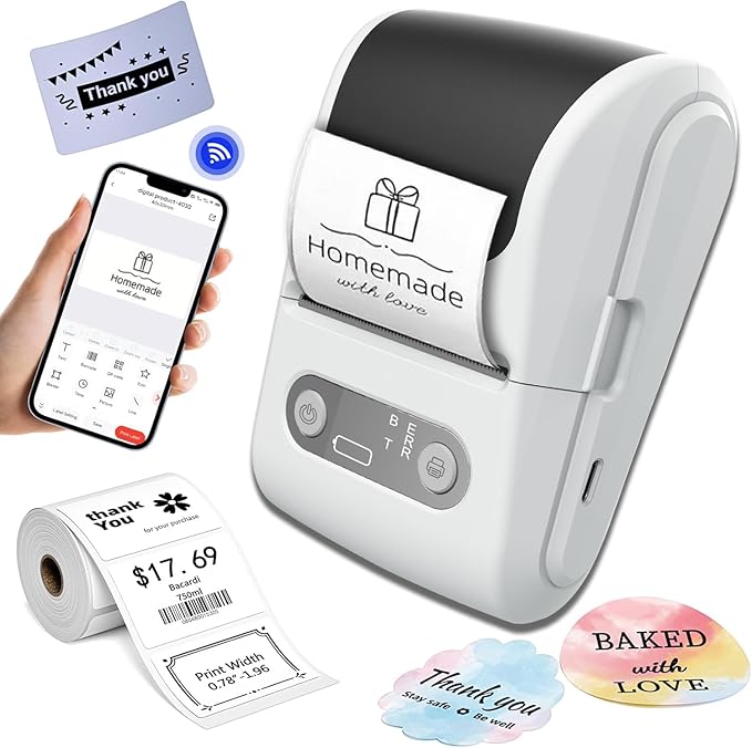Label Maker with Tape, Label Printer for Business, Sticker Printer- Compatible with 12-57mm Width Labels, Wireless Connectivity, High-Speed Printing, 1200mAh Battery for Office & Home (White)