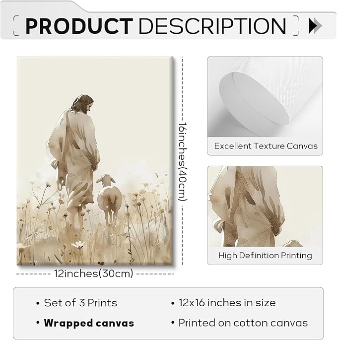 Jesus Leaves the 99 Sheep Wall Art Christian Canvas Poster Jesus and Lamb Wall Decor Religious Pictures Lost Sheep Painting God Christ Painting Artwork for Bedroom Living Room 12x16x3 Inch Ready to Hang