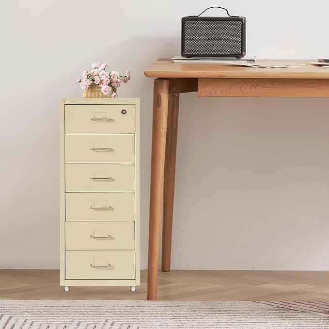Vertical File Cabinets | 6 Drawer File Cabinet with Lock | Steel Lockable Storage Cabinets | Metal S-torage Cabinet for Home Office | storage A4/F4/Letter/Legal | With 4 Wheels | 2X Keys (Beige)