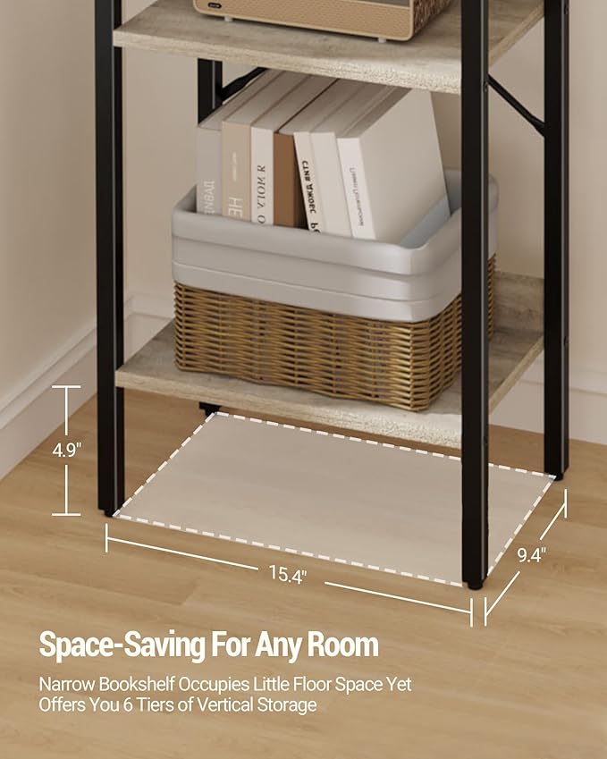 Bookshelf, Book Shelf, Industrial Bookcase with 2 Hooks, Coner Shelf Storage Organizer for Home Office, Living Room, Bedroom, Kitchen, 6-Tier Greige BC10705B