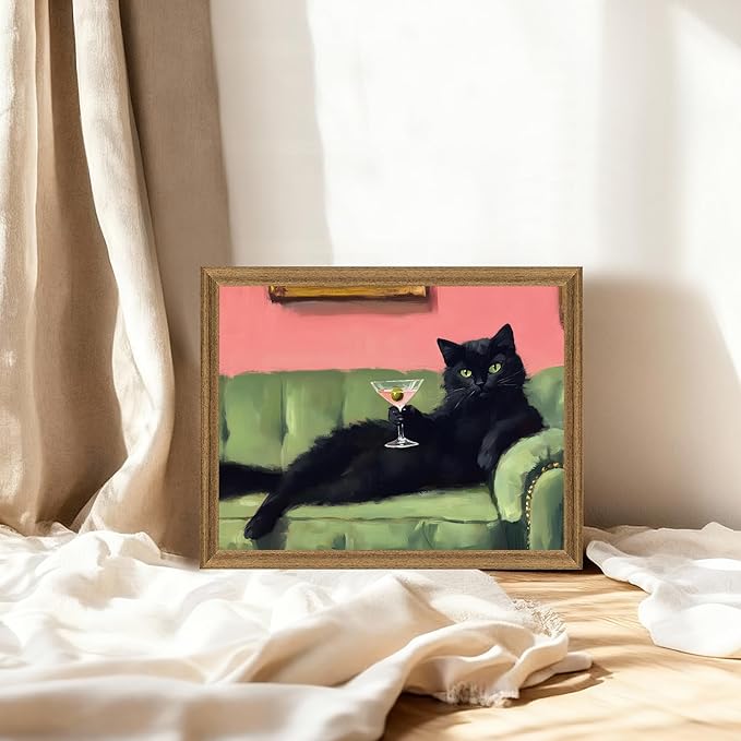 Fantasy Artists Humorous Black Cat Character Wall Art – Relaxed Anthropomorphic Illustration with Playful Attitude, Framed Canvas for Living Room, Office or Creative Space, 8W X 10H