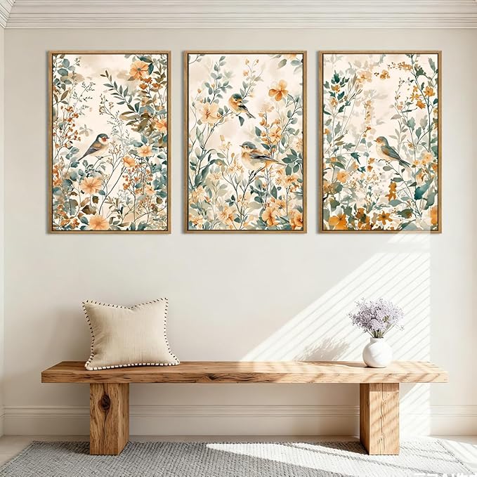 ANHUIB Large Neutral Floral Wall Art 16x24 Inch Beige Botanical Wall Decor Bird Painting Set of 3 for Living Room Bedroom Barhroom