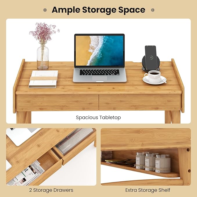 POWERSTONE 39.5" Writing Computer Desk, Modern Bamboo Home Office Desk with 2 Storage Drawers and One Shelf, Study Writing Table Workstation