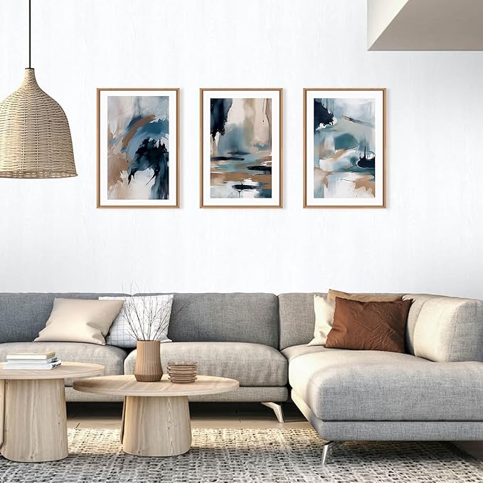 KAIRNE Blue Abstract Neutral Framed Canvas Wall Art Set, Navy Abstract Wall Decor, Watercolor Blue and Brown Wall Painting, Modern Textured Art Prints for Living Room, Bedroom, Office - 24"x36"x3