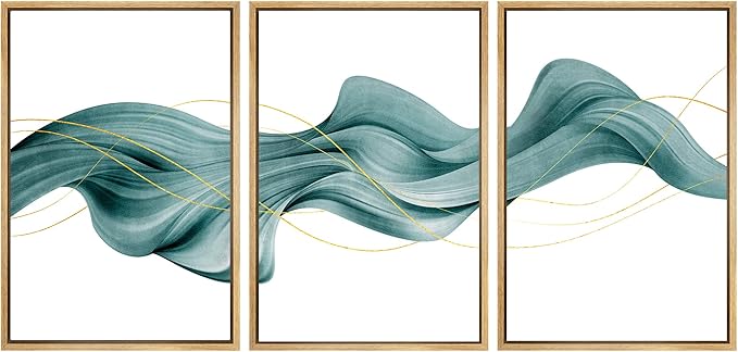 SIGNWIN Framed Canvas Print Wall Art Set Futuristic Teal Geometric Smoke Wave Abstract Shapes Illustrations Modern Art Decorative Nordic Zen Chic for Living Room, Bedroom, Office - 24"x36"x3 Natural
