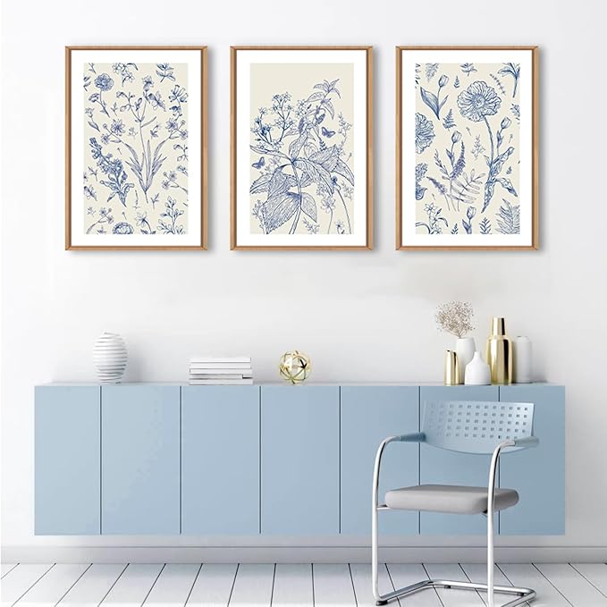 KAIRNE Blue and White Floral Wall Art Set of 3, Chinoiserie Framed Canvas Art Prints, Navy Watercolor Botanical Flower Painting, Wildflower Decor for Living Room, Bedroom, Bathroom, Home - 24x36Inch