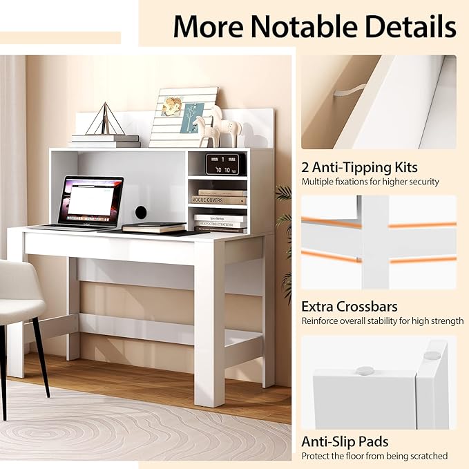 Giantex White Desk with Hutch, Home Office Desk with Bookshelf, Computer Workstation PC Laptop Table with Anti-Toppling Device & Cable Hole, Modern Study Writing Desk for Small Spaces, Bedroom