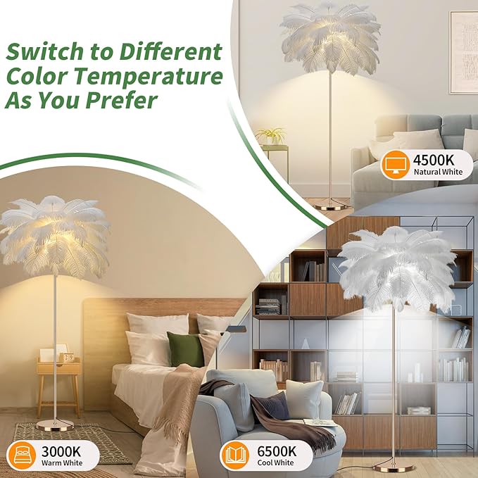 Feather Floor Lamp for Living Room, Fluffy Ostrich Feathers Lamp, Rose Gold Color Body, 3 Color Temperatures Modern Funky Arc Tall Standing Lamp for Bedroom Inclued Bright LED Bulbs (White)