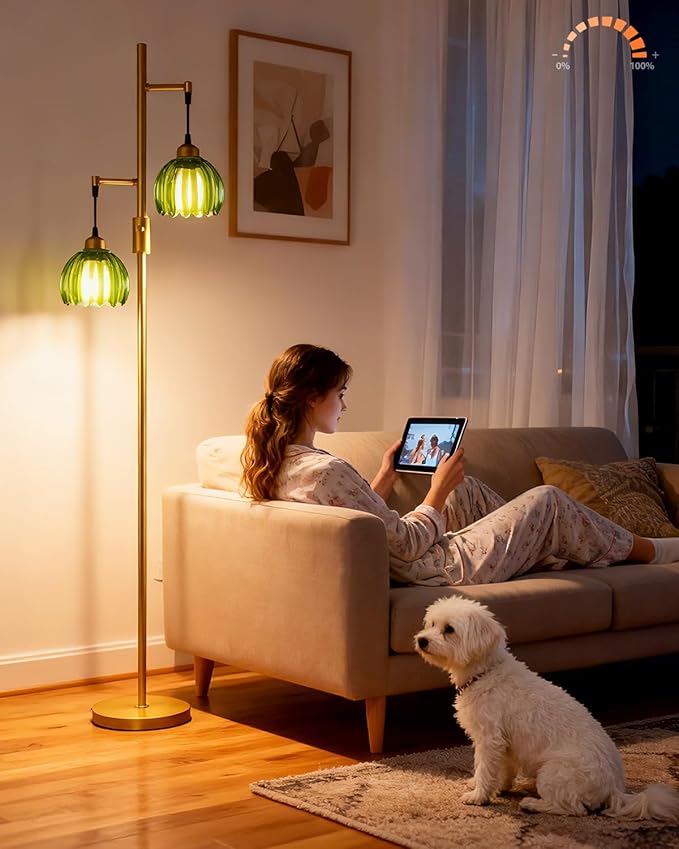 Lightdot 65IN 2-Light Glass Floor Lamp for Living Room, Dimmable Gold Floor Lamps with Emerald Green Glass Floral Shade& Bulb Included, Modern Standing Tall Lamp for Bedroom/Sofa Beside/Corner Decor