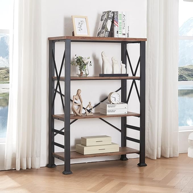 HOMBAZAAR 4 Tier Bookshelf, Industrial Book Shelf with Metal Frame and Open Shelves, Rustic Bookshelves and Bookcases, Heavy Duty Bookcase for Living Room, Bedroom and Home Office, Brown