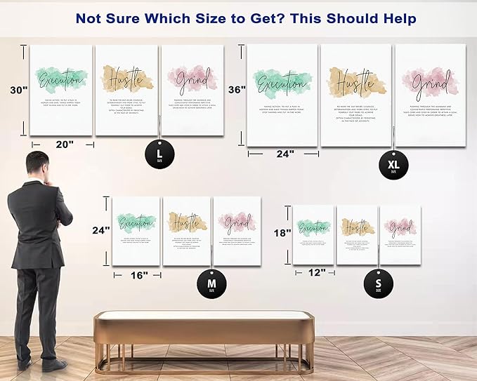 SHMAO Office Canvas Wall Art Motivational Wall Decor, 3 Piece Execution Hustle Grind Print Pictures for Office Wall Decor Women Inspirational Framed Artwork Home Office Decor 12”x18”x3 Panels