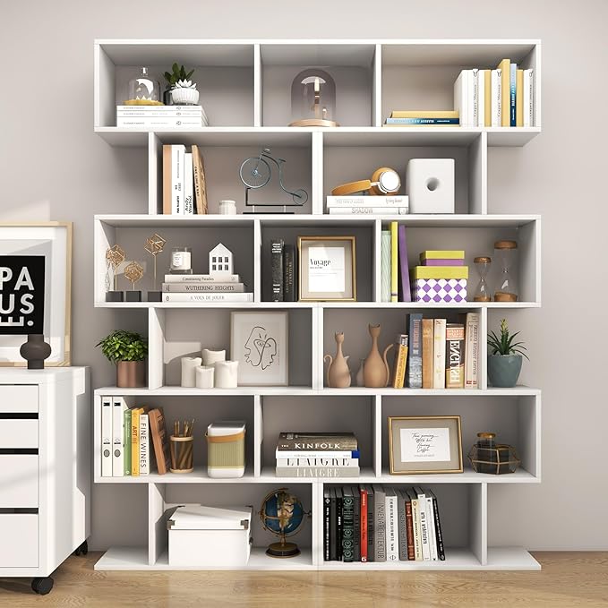 Tangkula 6-Tier Geometric Bookcase, Modern S-Shaped Storage Display Bookshelf for Living Room, Anti-Toppling Device, Home Office Wooden 6 Shelf Open Bookcase (1, White)