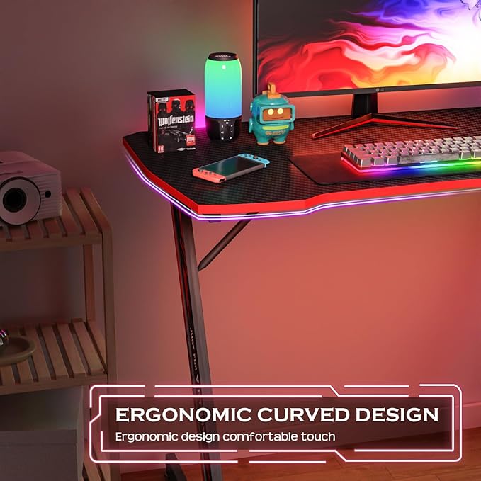 PayLessHere | 39" Gaming Table | Red | Z-Shaped Computer Desk with Steel Frame, Headphone Hook, Adjustable Feet | Carbon Fiber Texture Surface, Sweat & Waterproof | for Gaming, Home Office