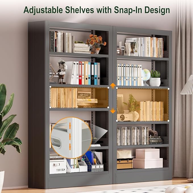 Metal Bookshelf, 5-Tier Bookcase with Adjustable Storage Shelf, 71" Tall Bookcases Heavy Duty bookcase with Bookends, Modern Bookshelf for Living Room, Library, Bedroom,Includes Book Stoppers-Black