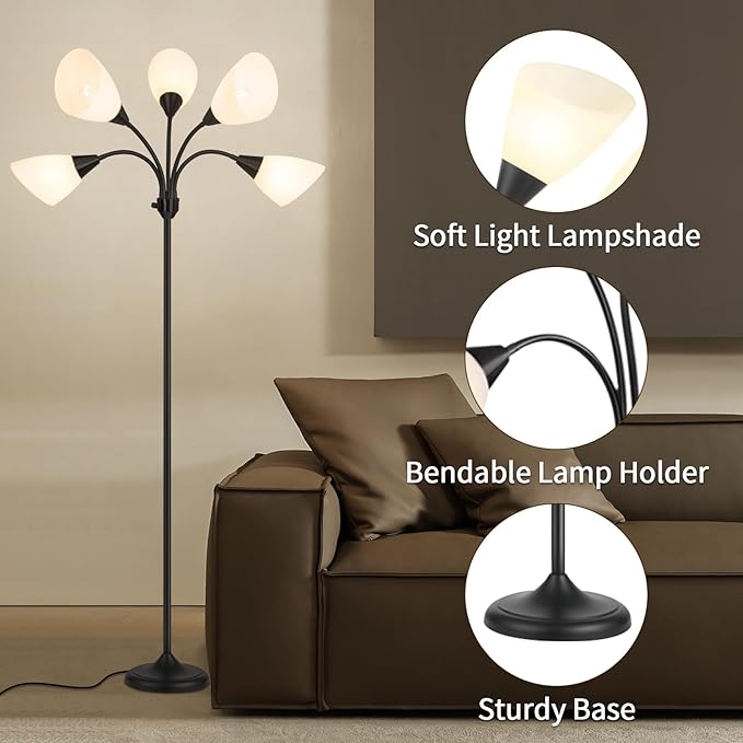 HonoDing Medusa Floor Lamps Standing Lamps 5 Heads Adjustable Reading Light Large Shade Use E26 A19 Bulb Floor Lamps for Living Room Bedroom (Black)