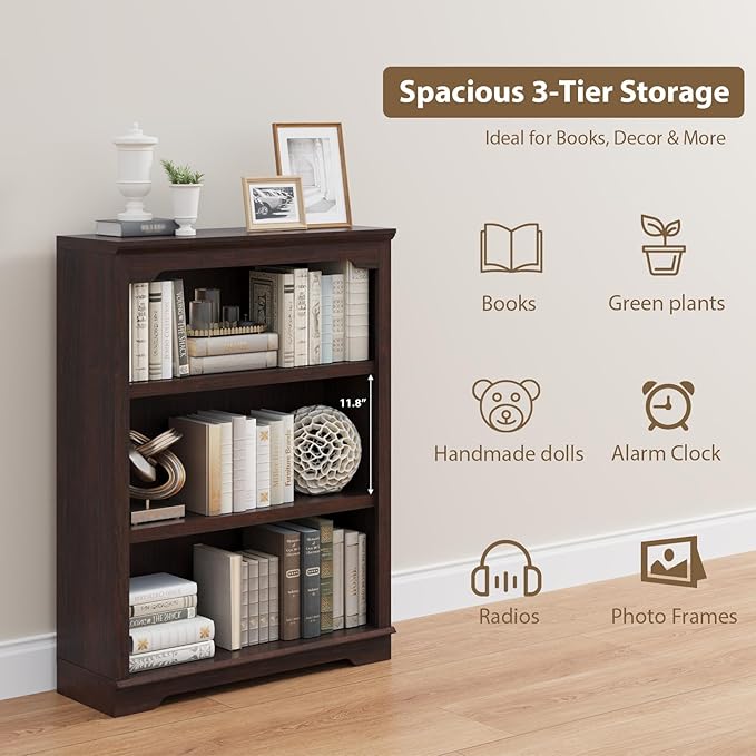 HIFYOBRO 3 Tier Bookshelf, 31.5" Wide Wooden Book Shelf, 42" Tall Bookcase, Freestanding Open Display Storage Bookshelves for Study Room, Home Office, Living Room(Cherry)
