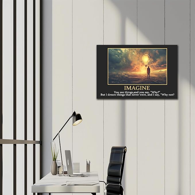 UZMKM - Inspirational Wall Art, Black Background Motivational Mindset Imagine Picture, Quote Saying Canvas Print for Home Office Decor, Company Poster Framed Artwork for Office Wall Decor 24x36 Inch