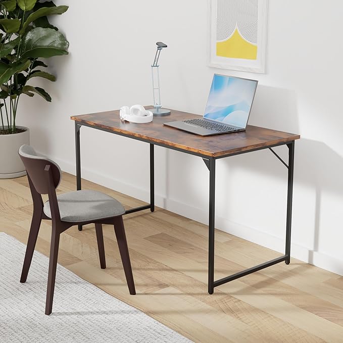 Dkelincs Computer Desk 47” Writing Desk Modern Simple Style Office Desk with Metal Frame for Home Office Easy Assembly, Brown
