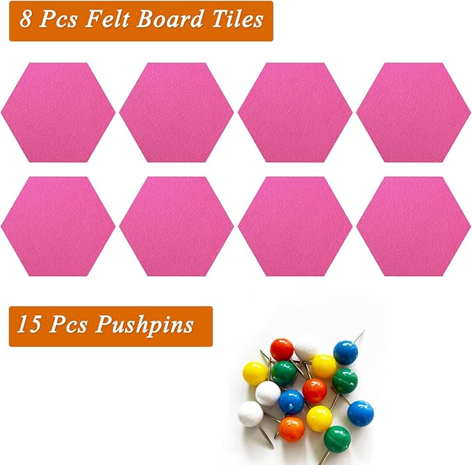 8 Pcs Hexagon Felt Cork Bulletin Board Tiles, Self Adhesive DIY Bulletin Board Pin Board for Office School Home Wall Decor Memos Photos Display(Rose Pink)