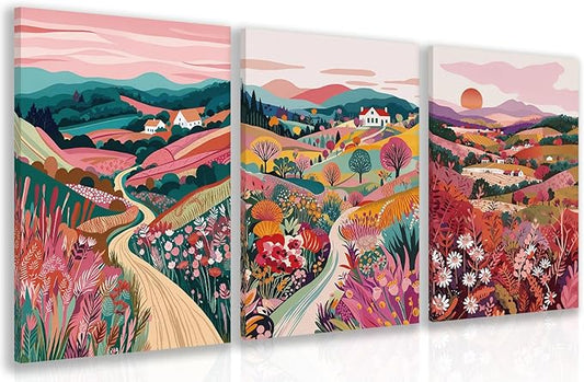 Hianan Framed Colorful Boho Landscape Wall Art, Nature Watercolor Floral Wall Decor, Bright Mountain Water Canvas Painting, Modern Sunsets Landscape Poster Prints For Living Room Bedroom 12"x16"x3