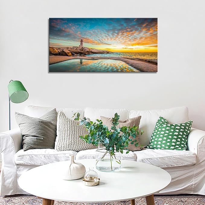 YYYYHPP YP1850 Canvas Prints Wall Art Peggy's Cove Lighthouse Sunset Ocean View Landscape Nature Pictures Stretched Canvas Wooden Framed for Living Room Bedroom and Office Wall Decor