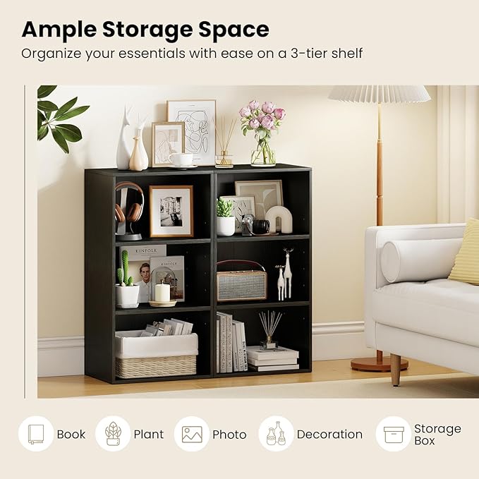 Giantex 3 Tier Bookshelf, Black Bookcase 3 Shelf, Open Cube Storage Orginazer Cabinet, Multi-Functional Home Office Bedroom Furniture Display Book Shelf