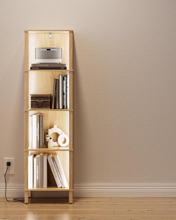 Bookshelf with LED Lights, Modern 4-Tier Bookcase, Open Storage Book Shelf, 11 × 14.2 × 50.4 Inches, Small Narrow Bookshelves for Living Room, Home Office, Bedroom, Natural