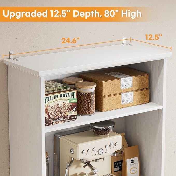Cyclysio 80" Tall Bookcase, Farmhouse Bookshelves with Drawer and Doors, Floor Standing 6 Shelf Display Storage Cabinet for Home Office, Living Room (1, Antique White)