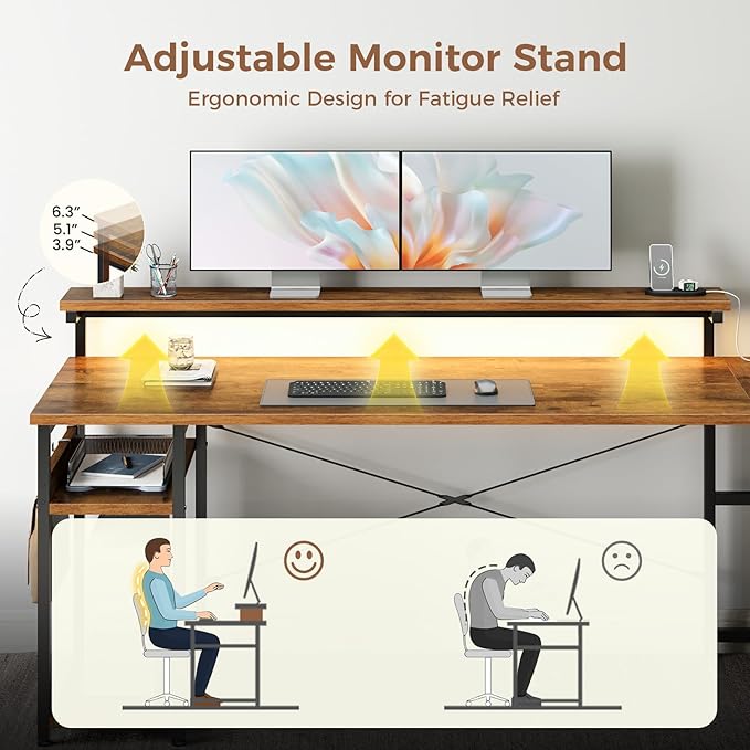 AODK 69" L Shaped Desk with Drawer, Computer Desk with Power Outlets & LED Lights, Reversible Corner Gaming Desks for Home Office Workstation, Office Table with Monitor Shelf, Vintage