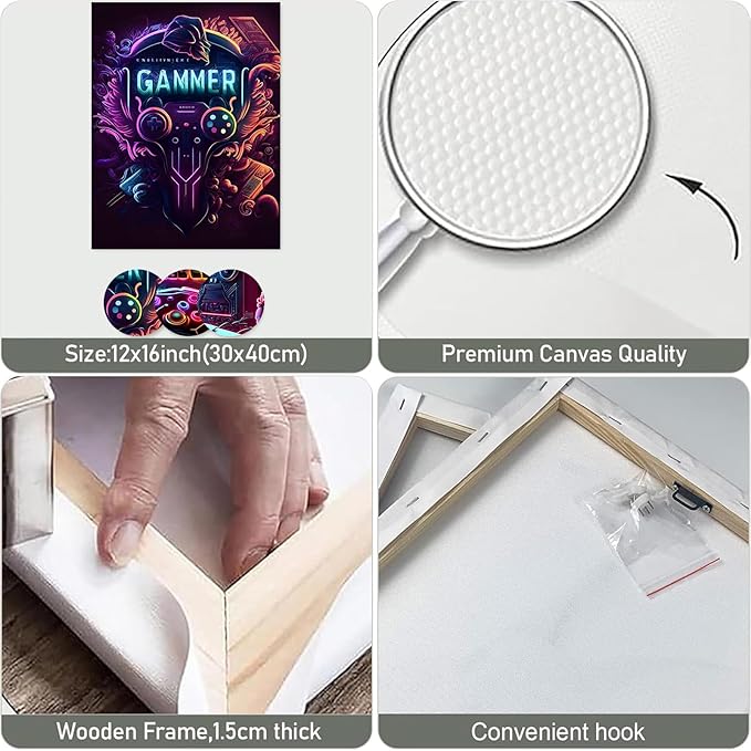 Gaming Room Decor-Video Gaming Theme Wall Art Framed,Gaming Wall Decor Video Game Poster for Boys Room Neon Gamepad Headphones Canvas Art Prints Cool Boys Bedroom Decor Wall Art,12x16inch