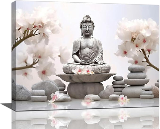 yerretin Buddha Zen Wall Art Buddhist Pictures Wall Decor Blossom Statue Canvas Meditation Painting Modern Artwork Home Decoration for Bathroom Living Room Bedroom Spa Yoga Framed 16"x12"