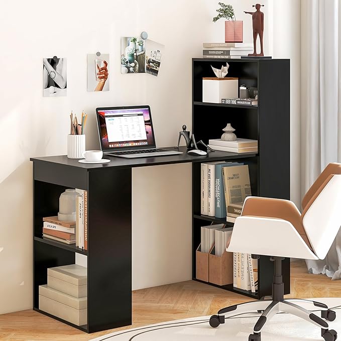 Tangkula Computer Desk with Bookshelf, Writing Study Desk with Storage Shelves & CPU Stand, Modern Compact Computer Workstation for Home & Office, Space-Saving Design (Black)