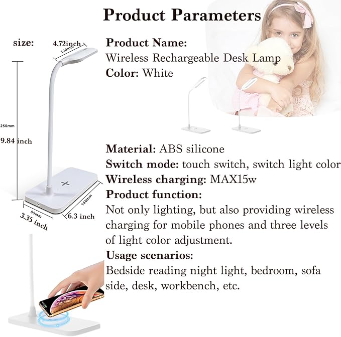 2PCS LED Desk Lamps, Table Lamp, Night Stand Light for Home, 3 Lighting Modes, Wireless Fast Charging, Desk Light Touch Control with Adjustable Gooseneck for Reading