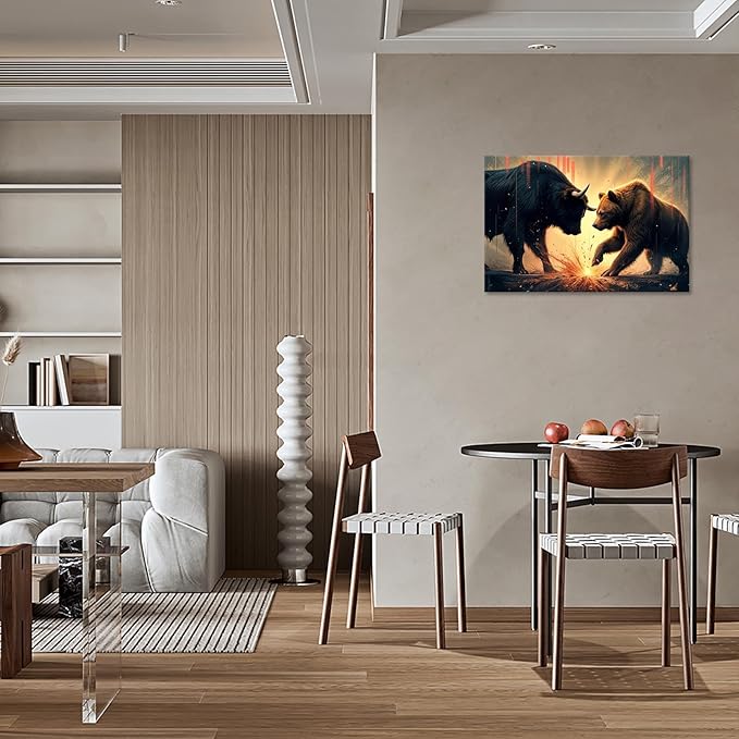 Trendy Bull And Bear Confrontation Wall Art Funny Bull And Bear Stock Market Canvas Posters Funny Animal Prints Painting For Office Living Room Wall Decor 12x16in Framed