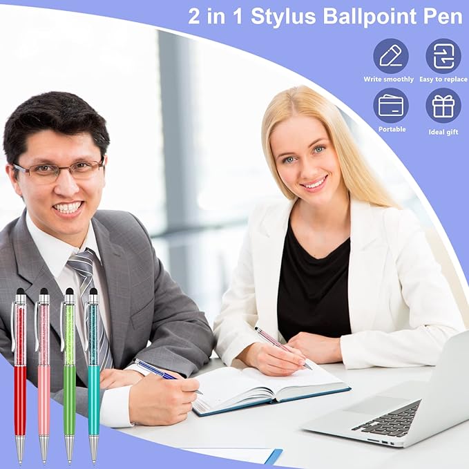 MengRan Cute Pens with Stylus Tip, 2 in 1 Black Ink Ballpoint Pens and Slim Crystal Stylus Pens for Touch Screens(12 colors)