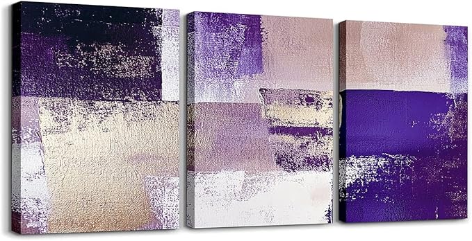 jejeloiu 12"x16"x3pcs Abstract Oil Painting Office Decorations Artwork Posters Abstract Art 3 Piece Canvas Wall Art for Living Room Bedroom Purple Modern Picture Wall Decor