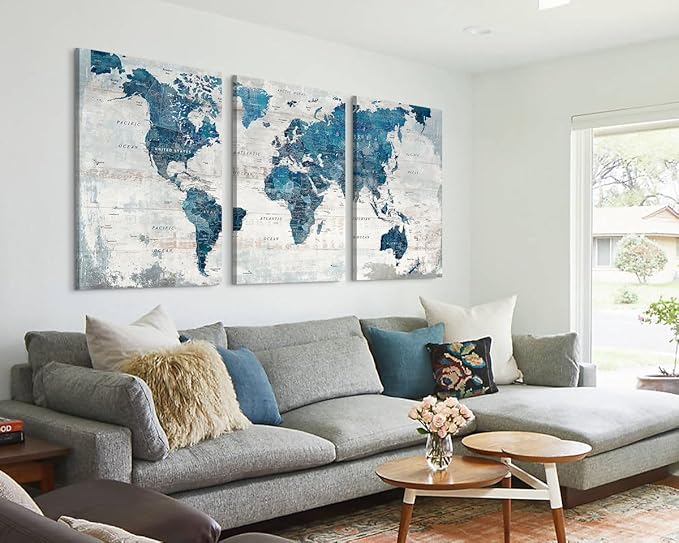 Wall Art Home Office Decor Map of The World Pictures for Living Room Extra Large Canvas Abstract Blue Bedroom Kitchen Dining Room Home Decor