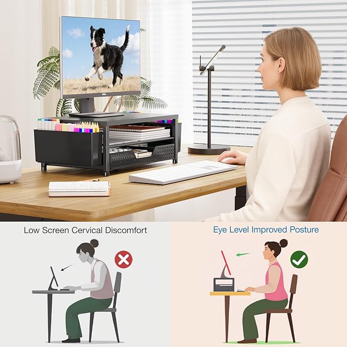 OPNICE Desk Organizers and Accessories, Computer Monitor Stand Riser with Drawer and 2 Pen Holders, Laptop Stand, Office Desk Accessories & Workspace Organizers for Home Office Supplies, Office Book Rack, Black