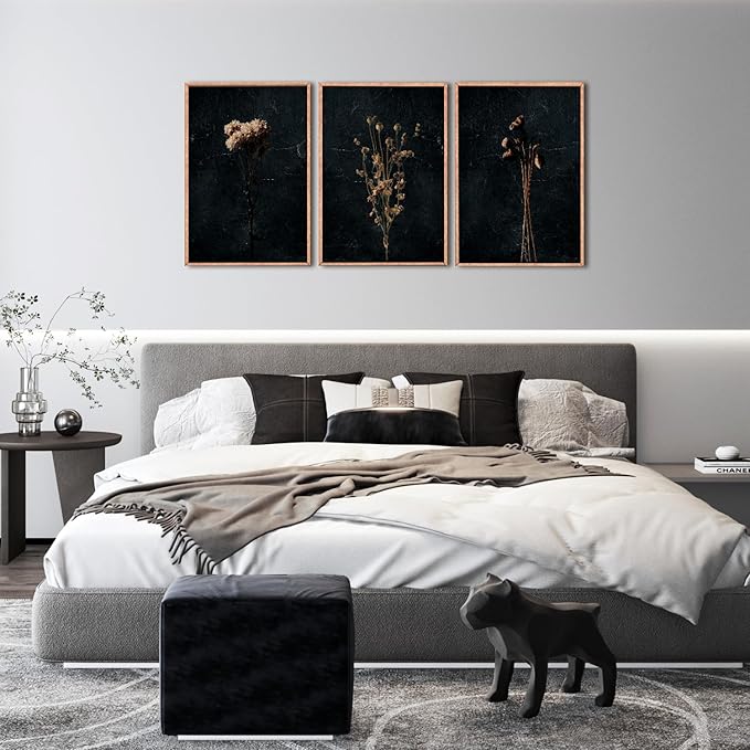 Ausril Moody Dark Orange Floral Framed Canvas Wall Art Set, Minimalist Wildflower Wall Decor, Black Flower Botanical Wall Painting, Modern Art Print for Living Room, Bedroom, Office 16"x24"x3