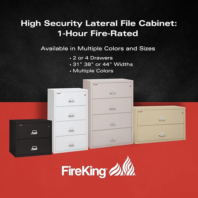 FireKing Fireproof Lateral File Cabinet (4 Drawers, Impact Resistant, Water Resistant), 38" W x 22" D, Black, Made in USA