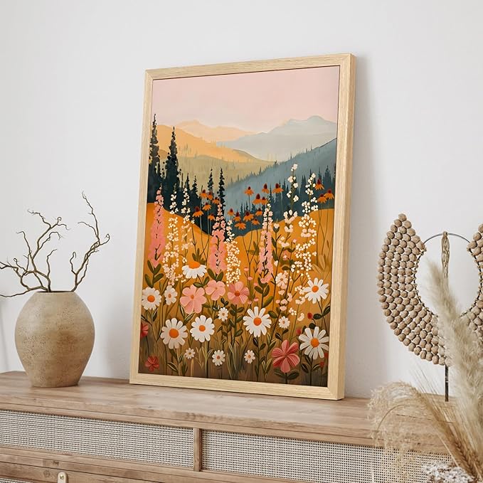 Hianan Boho Daisy Sunset Wall Art, Colorful Mountain Wildflower Wall Decor, Vintage Wildflower Canvas Painting, Modern Botanical Flower Aesthetic Picture for Bedroom Living Room Wood Framed 16"x24"x3