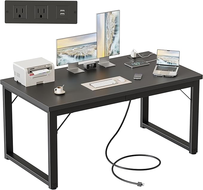 Mericonia 48 Inch Computer Desk with Power Outlets, 1.2" Thick Heavy Duty Industrial Office Desk, Modern Simple Study Writing Table for Home Bedroom Workstation, Black