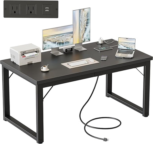 Mericonia 48 Inch Computer Desk with Power Outlets, 1.2" Thick Heavy Duty Industrial Office Desk, Modern Simple Study Writing Table for Home Bedroom Workstation, Black