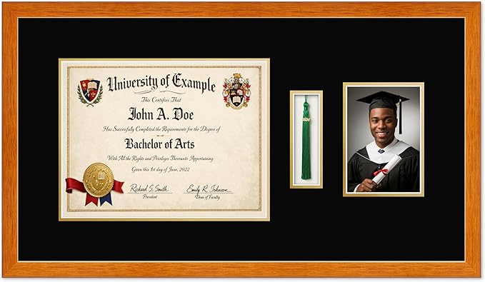 CountryArtHouse Diploma Tassel and Photo Shadowbox Fits 13 x 10 College Diploma (Traditional) with Tassel Hoo Honey Oak Genuine Hardwood with Black Over Metallic Gold Double mat