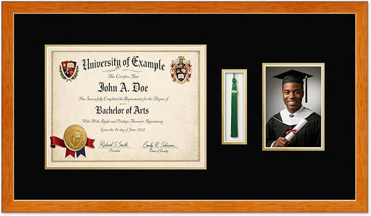 CountryArtHouse Diploma Tassel and Photo Shadowbox Fits 13 x 10 College Diploma (Traditional) with Tassel Hoo Honey Oak Genuine Hardwood with Black Over Metallic Gold Double mat