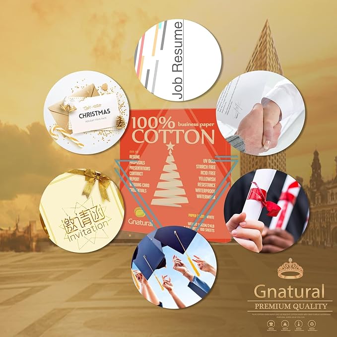 100% Cotton Premium Business Paper, 8.5x11 Inch Inkjet Laser Printing 36GSM Waterproof, 200 Sheets, White Color