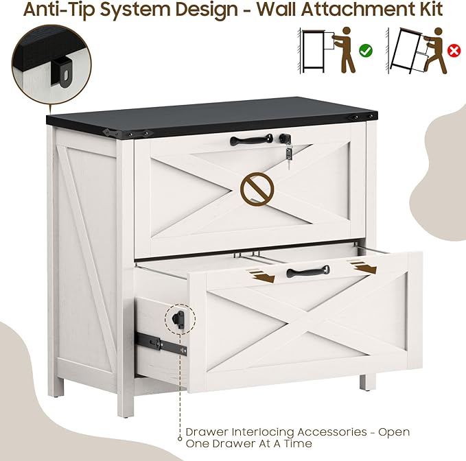 Farmhouse File Cabinet, Lateral Filing Cabinet with 2 Drawers with Lock for Letter/A4 Size Hanging Files, Large Wooden Printer Stand File Storage Cabinet for Home Office, White and Black