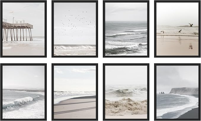 SIGNWIN Framed Poster Wall Art Set of Ocean Beach Seashore Coastals, White Minimalist California Ocean Beach Seashore Pier Nature Wilderness for Living Room, Bedroom, Office - 12"x16"x 8 Black