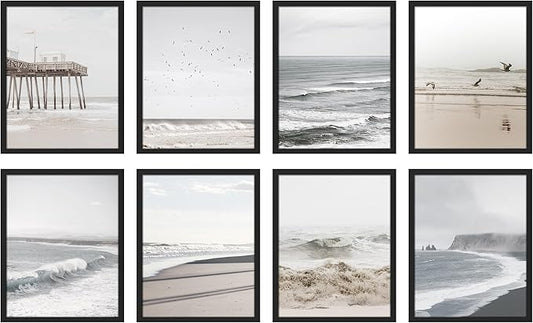 SIGNWIN Framed Poster Wall Art Set of Ocean Beach Seashore Coastals, White Minimalist California Ocean Beach Seashore Pier Nature Wilderness for Living Room, Bedroom, Office - 12"x16"x 8 Black